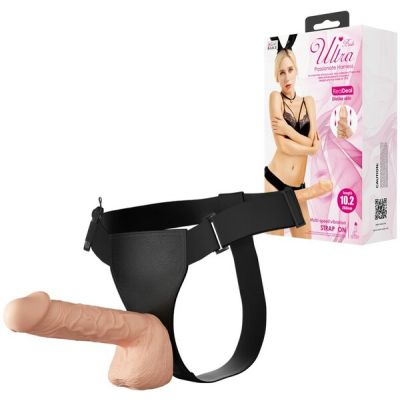 Ultra Passionate Harness with Vibrating Dildo - 10.2" - Pretty Love (Light Skin Tone)